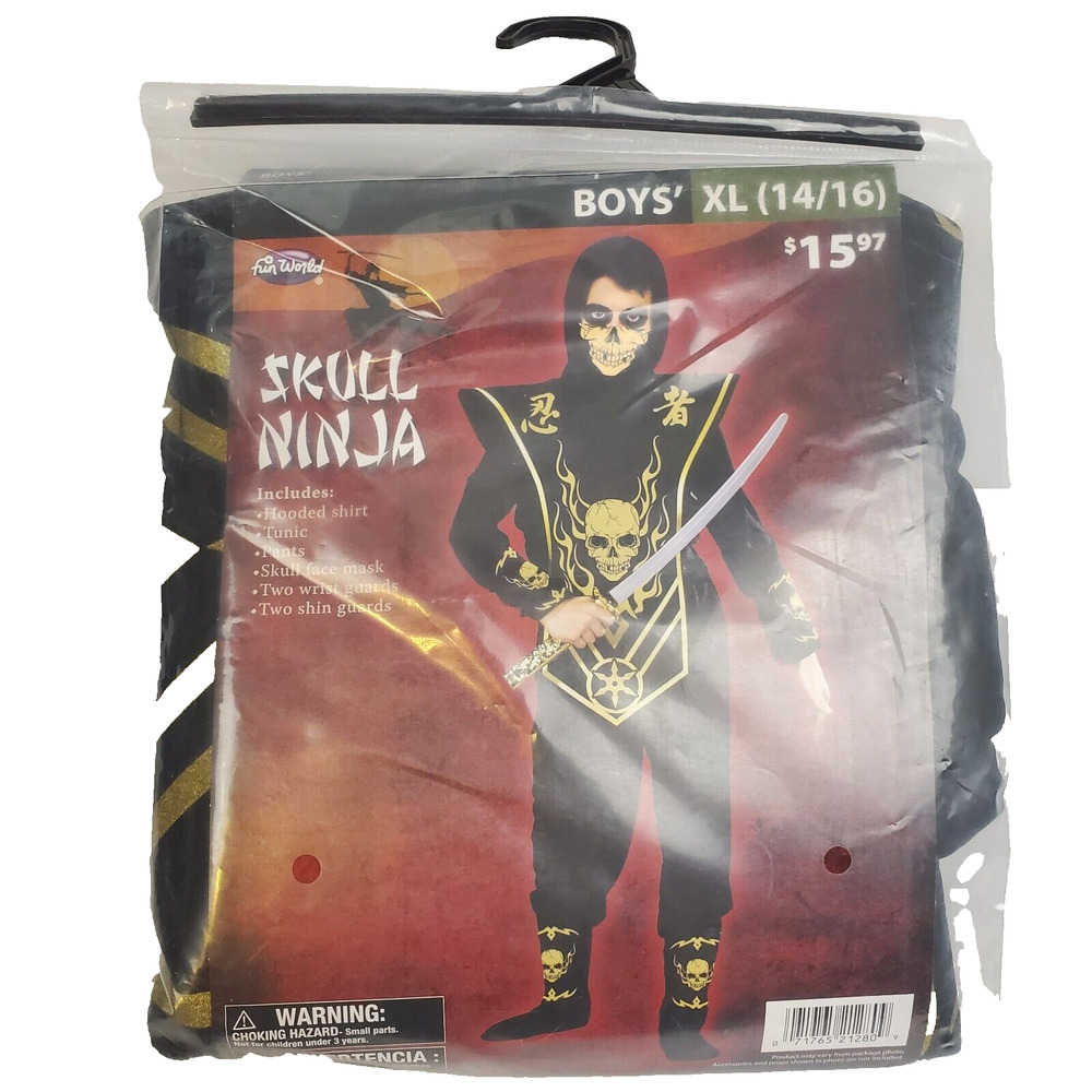 Fin World Skull Ninja Costume Boys XL (14/16) Black & Gold 8 Piece Halloween Toy